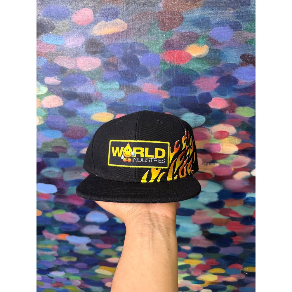World Industries Flame Graphic Snapback Hat Black Skateboarding Logo Cap